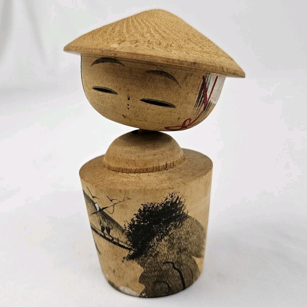 Vintage Japanese Kokeshi Doll Hand Painted Wooden Landscape Wobble Head